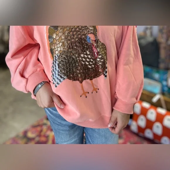 QOS Beaded Peach Turkey Sweatshirt - Picture 2 of 2